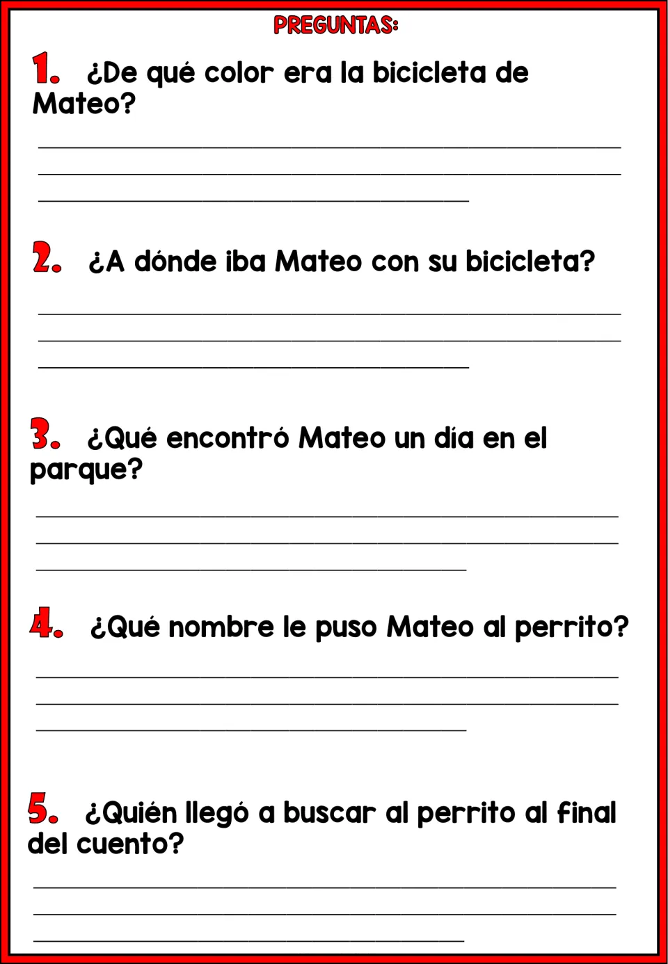 Five Spanish story questions ask about Mateo's bicycle color, destination, the dog, its name, and its owner