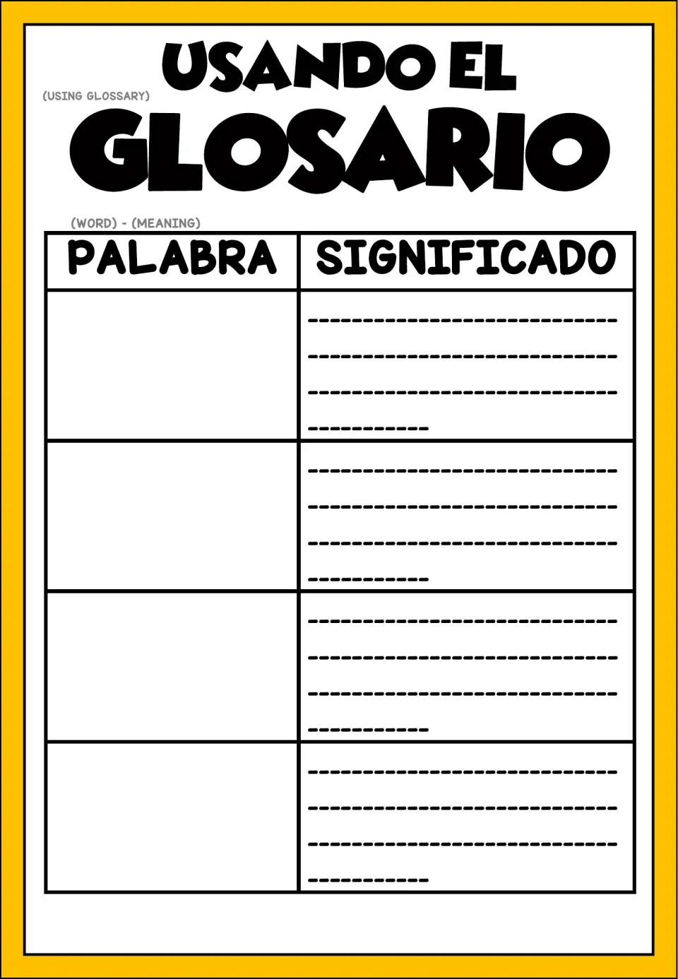 Spanish glossary chart titled 'Usando el glosario' (Using the Glossary) for recording four words and meanings