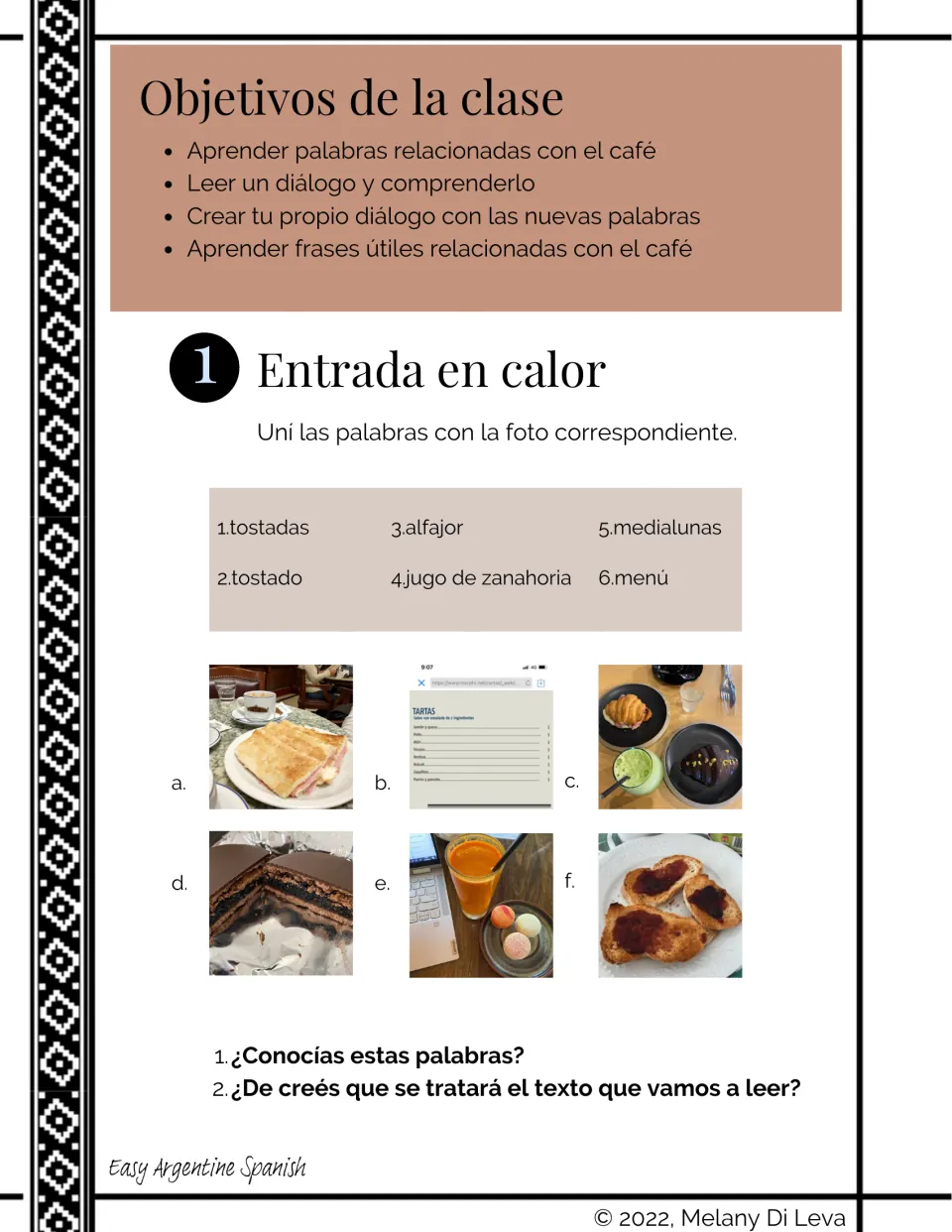 Lesson objectives and six café vocabulary photo matches, including tostadas (toast) and menú (menu)