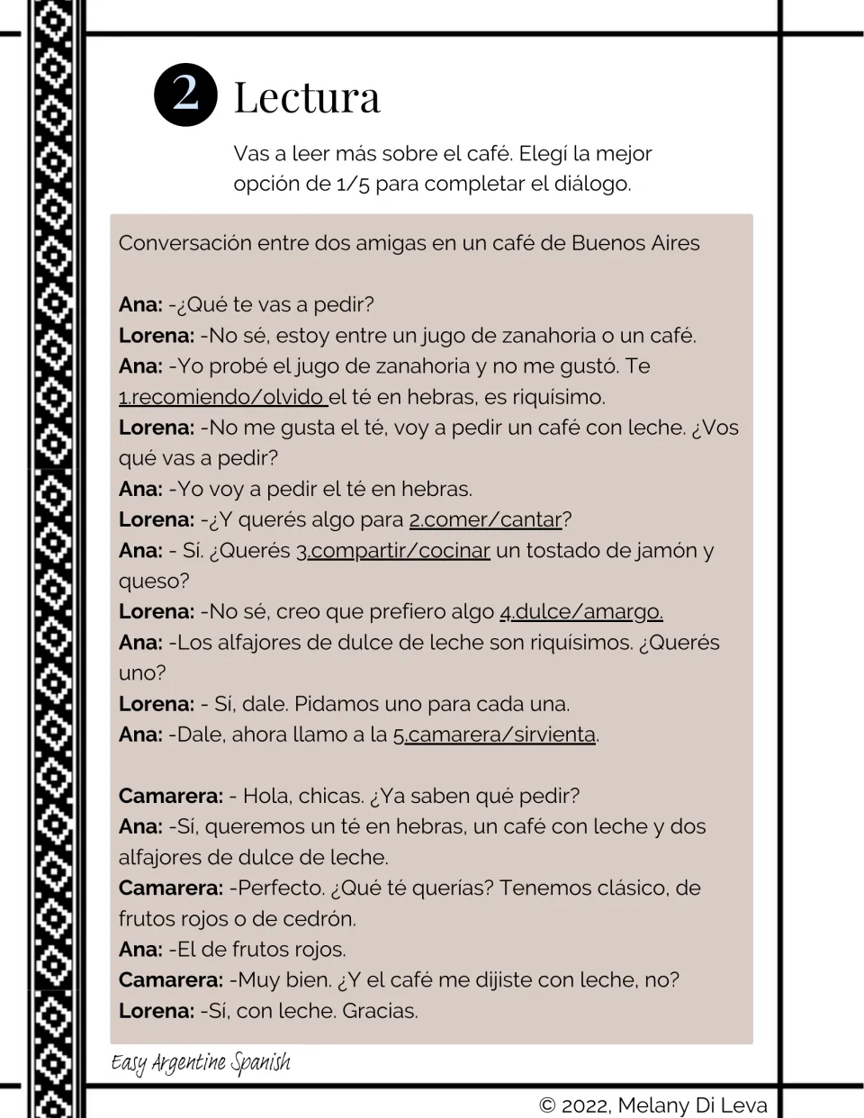 Spanish café dialogue between Ana, Lorena, and a waitress in Buenos Aires, with five word-choice items