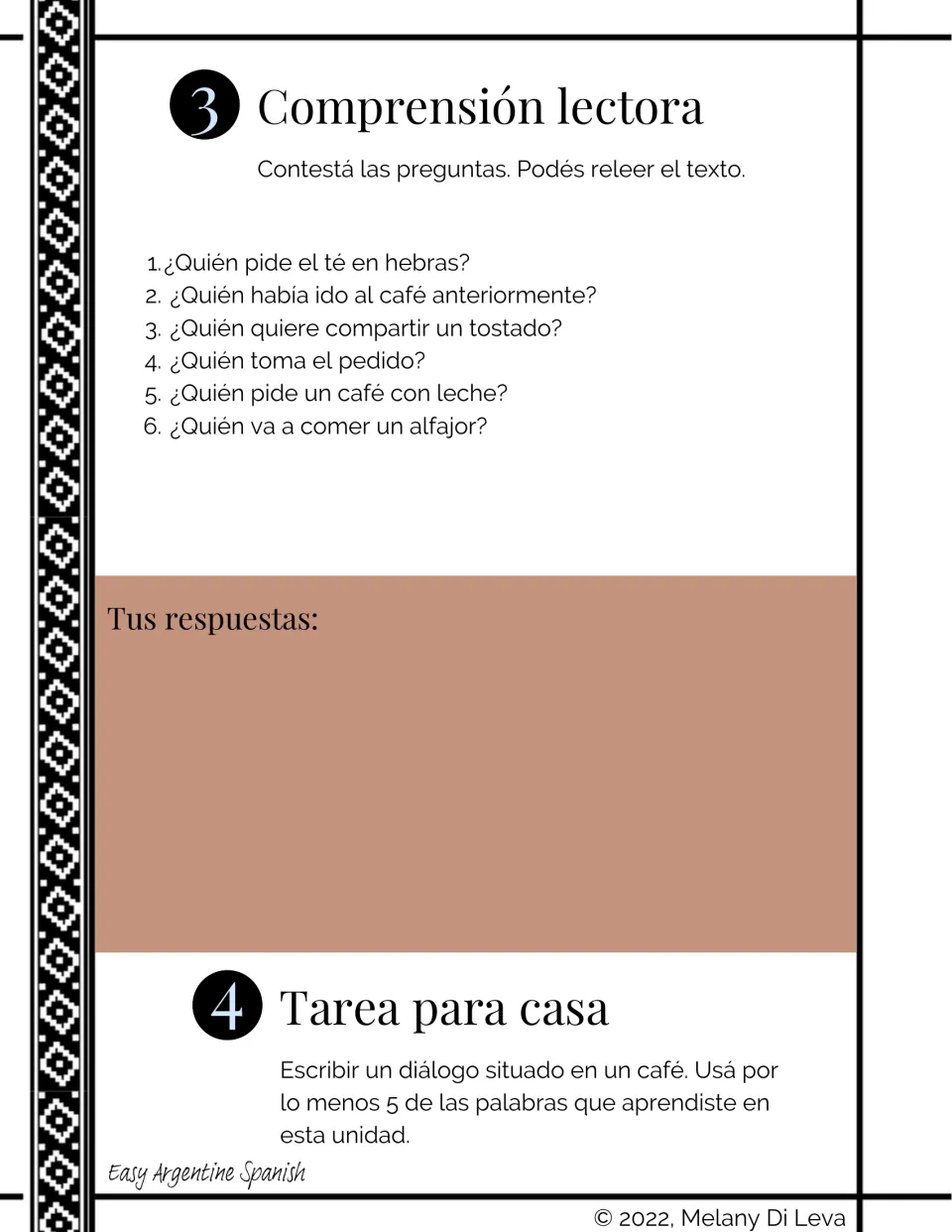 Six café dialogue comprehension questions and homework to write a dialogue using at least five new words