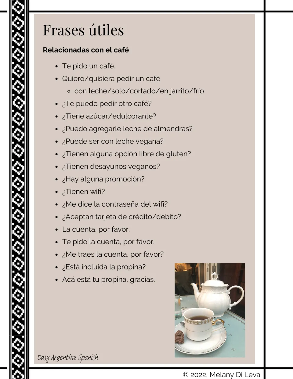 Spanish café phrase reference for ordering coffee, dietary requests, Wi-Fi, payment, the bill, and tips