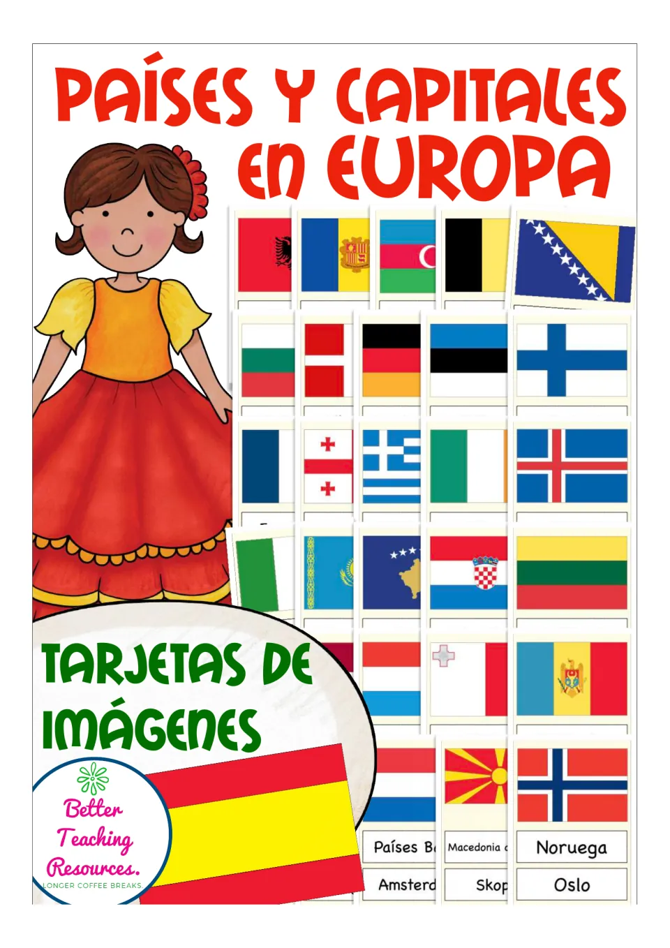 Cover reading Países y capitales en Europa, Tarjetas de imágenes, with a cartoon girl and rows of European flag cards