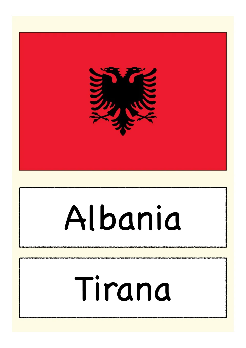 Albania flag card: students match the red flag with a black double-headed eagle to Albania and its capital, Tirana
