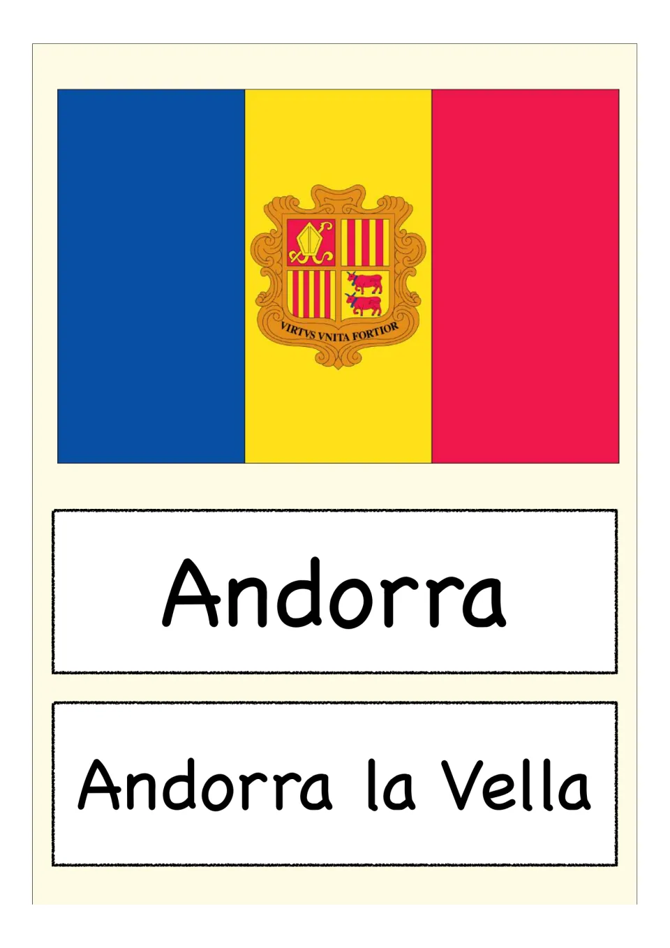 Andorra flag card: students link the blue, yellow and red striped flag with a crest to Andorra and Andorra la Vella