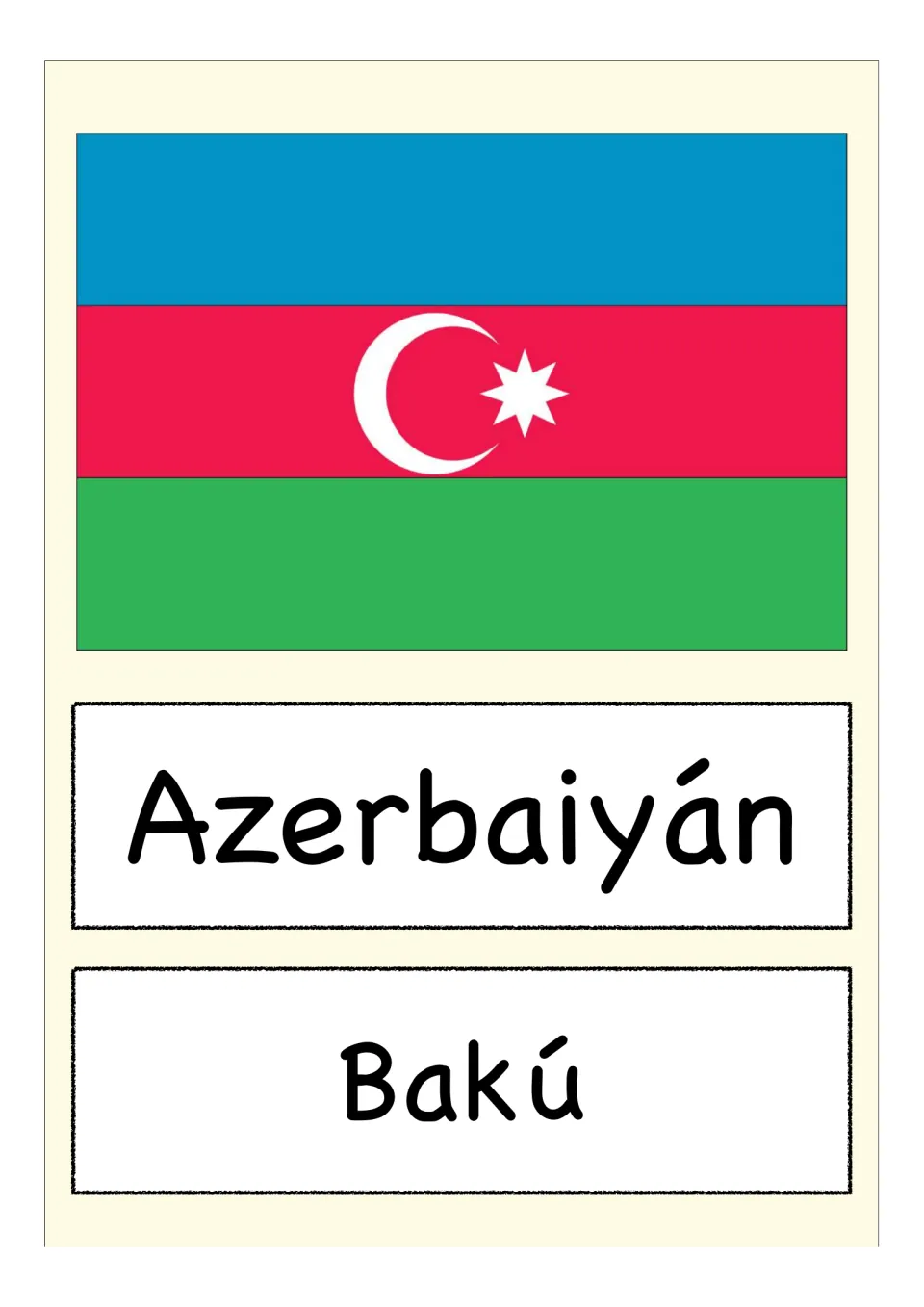 Azerbaiyán flag card: students read the blue, red and green flag with crescent and star, then its capital, Bakú