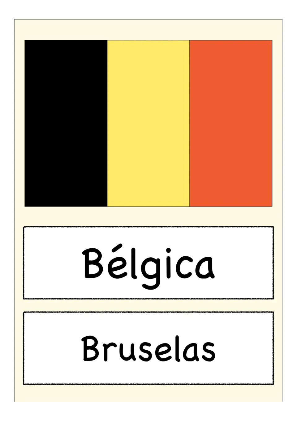 Bélgica flag card: students connect the black, yellow and red vertical flag to the country name and capital, Bruselas