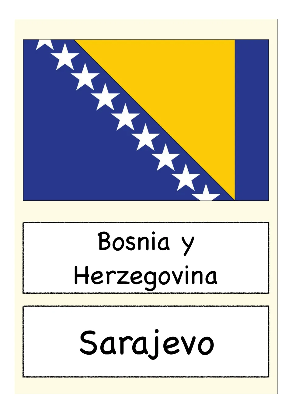Bosnia y Herzegovina flag card: students identify the blue and yellow flag with white stars, plus capital Sarajevo