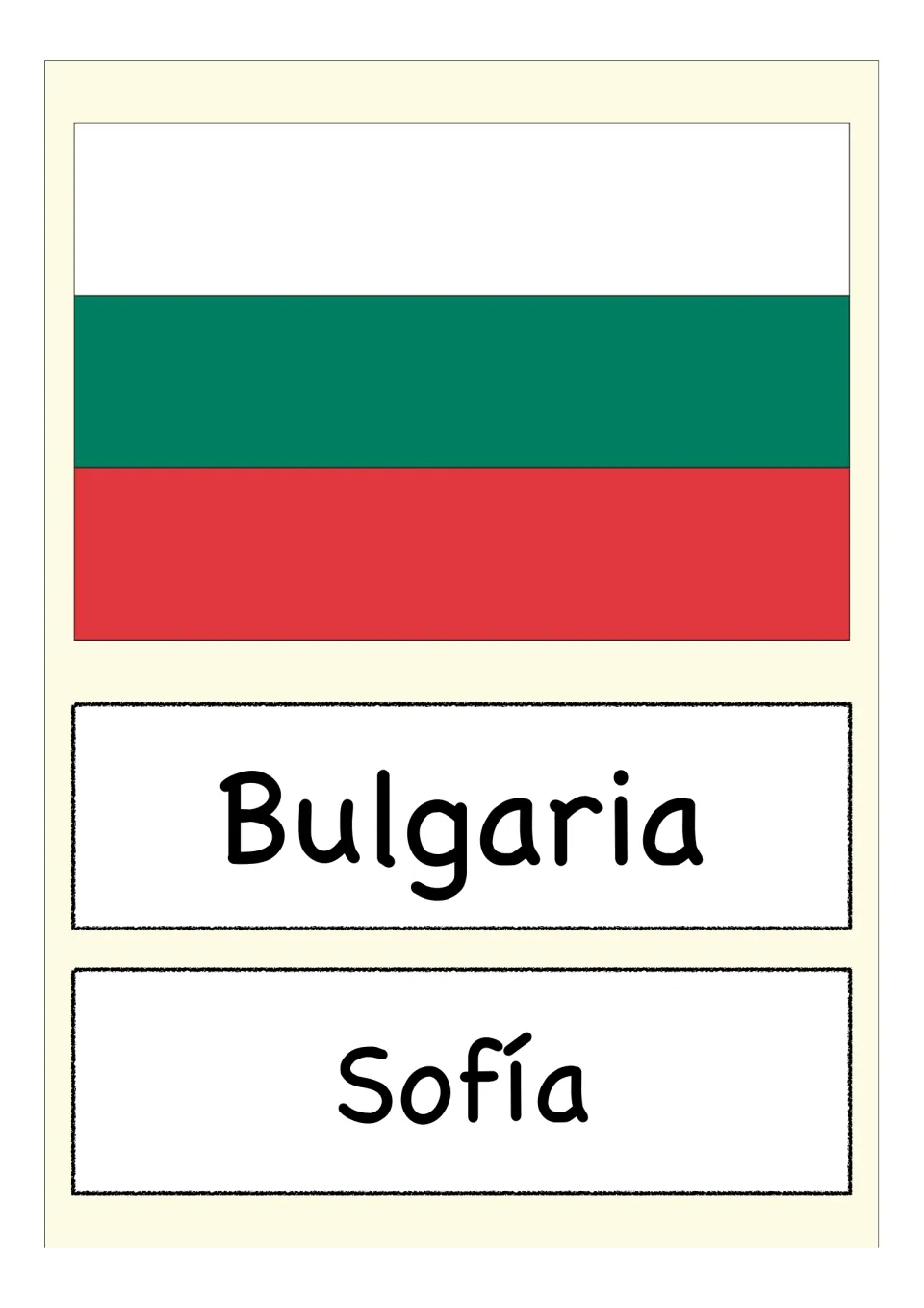 Bulgaria flag card: students pair the white, green and red striped flag with the country name and capital, Sofía