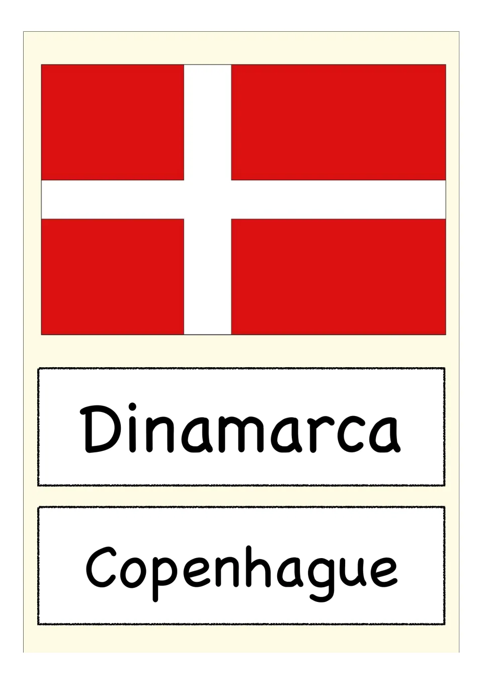 Dinamarca flag card: students recognize the red flag with a white cross and say its capital, Copenhague, in Spanish