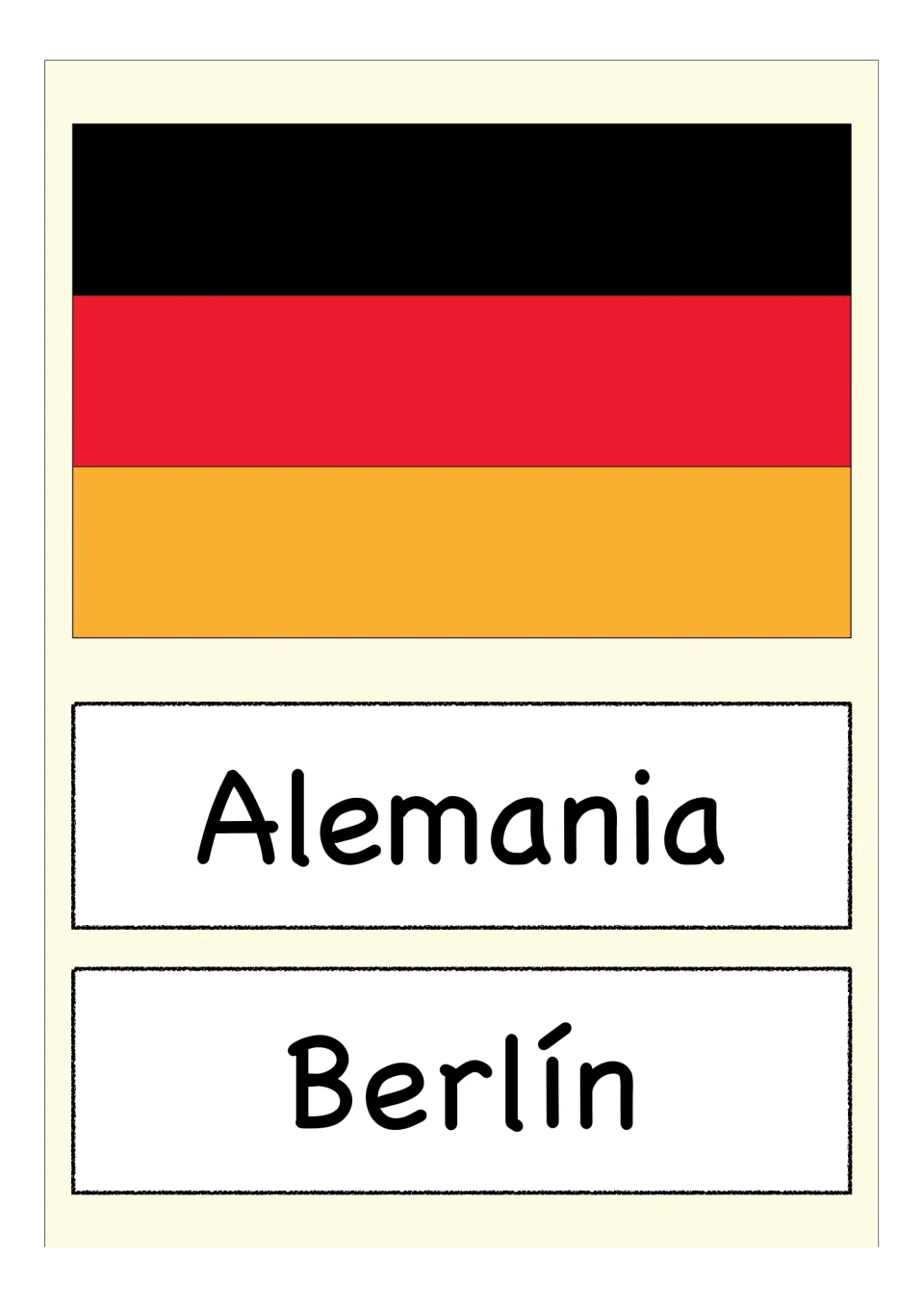Alemania flag card: students connect the black, red and gold striped flag to Alemania and its capital, Berlín