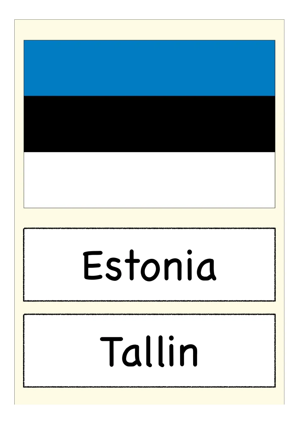 Estonia flag card: students match the blue, black and white striped flag to Estonia and its capital, Tallin