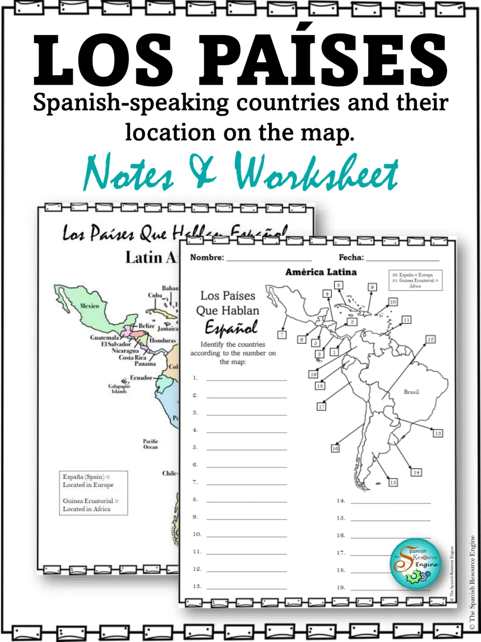 Los Países cover: notes and worksheet on Spanish-speaking countries and their location on the map, with page previews