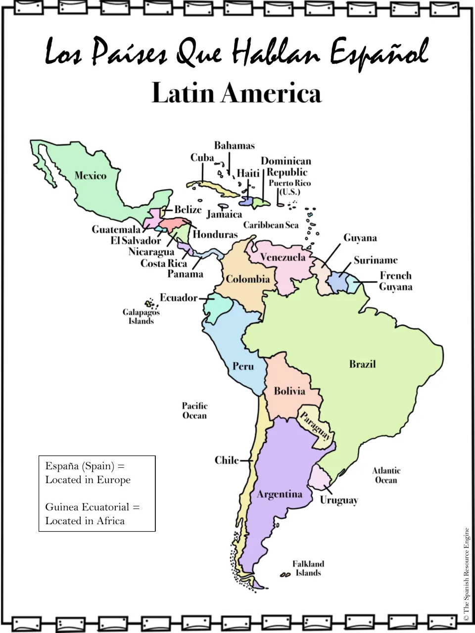 Latin America reference map labeling each country, with notes that Spain is in Europe and Guinea Ecuatorial in Africa