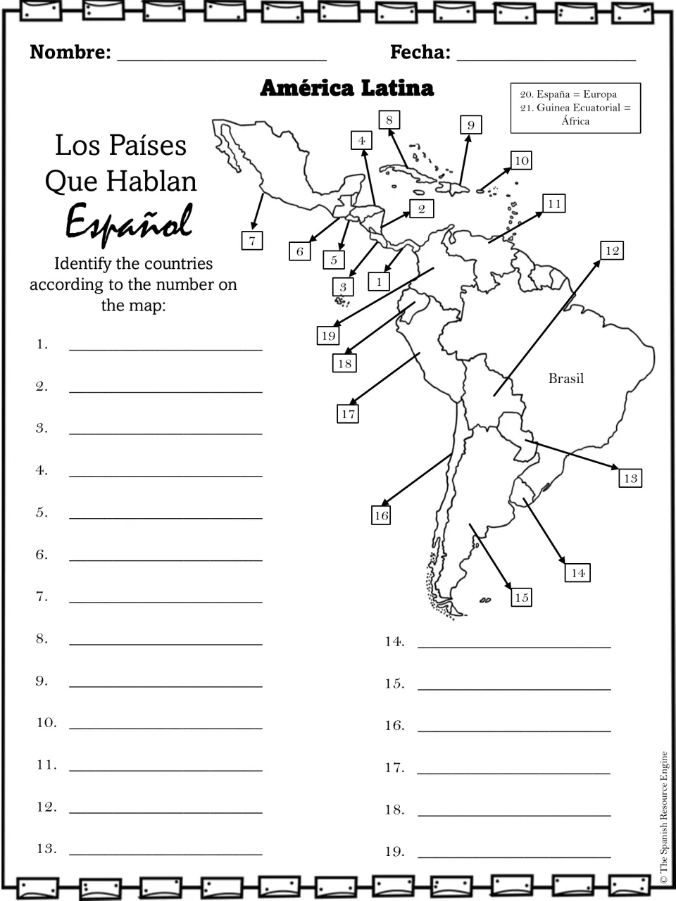 América Latina map labeling: students identify 19 numbered Spanish-speaking countries and write each name on the lines