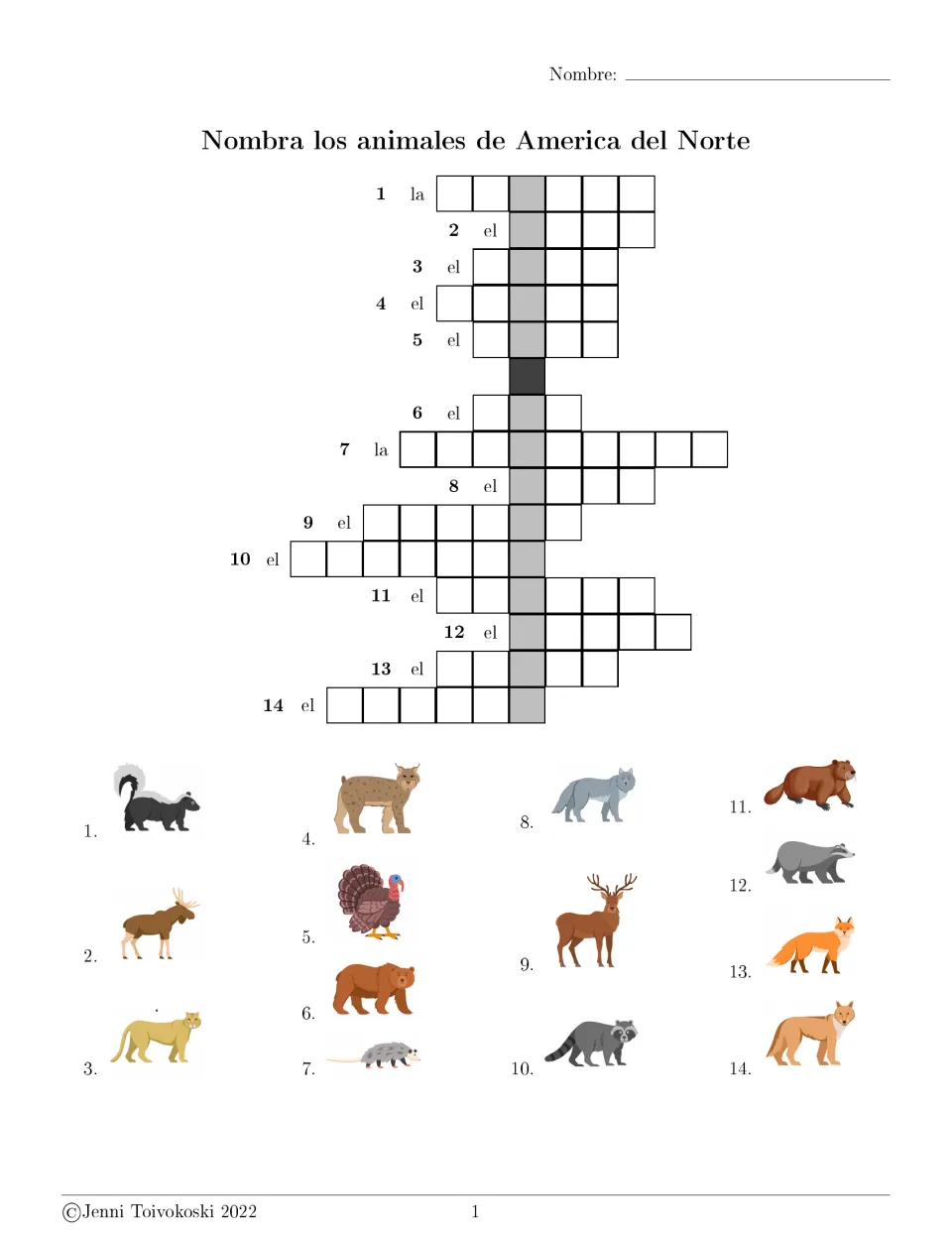 Spanish animal vocabulary crossword: students write the name of each of 14 pictured animals after la or el