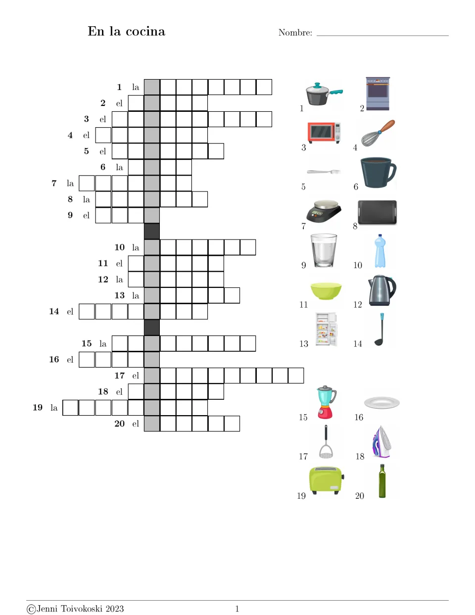 Spanish kitchen crossword with 20 picture clues, including a saucepan, oven, microwave, whisk, fork, and cup