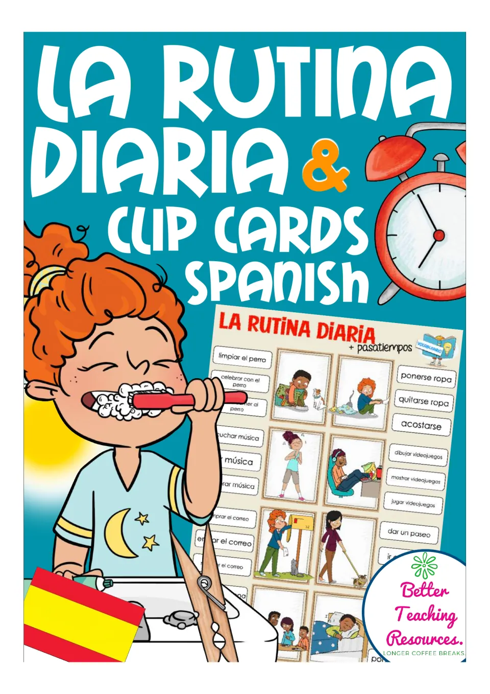 Cover of the Spanish daily routine clip-card resource, showing a sample of the illustrated vocabulary activity