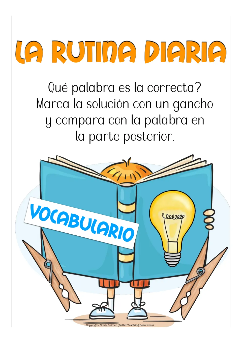 Vocabulary activity directions: choose the correct Spanish word, mark it with a clip, and check the back