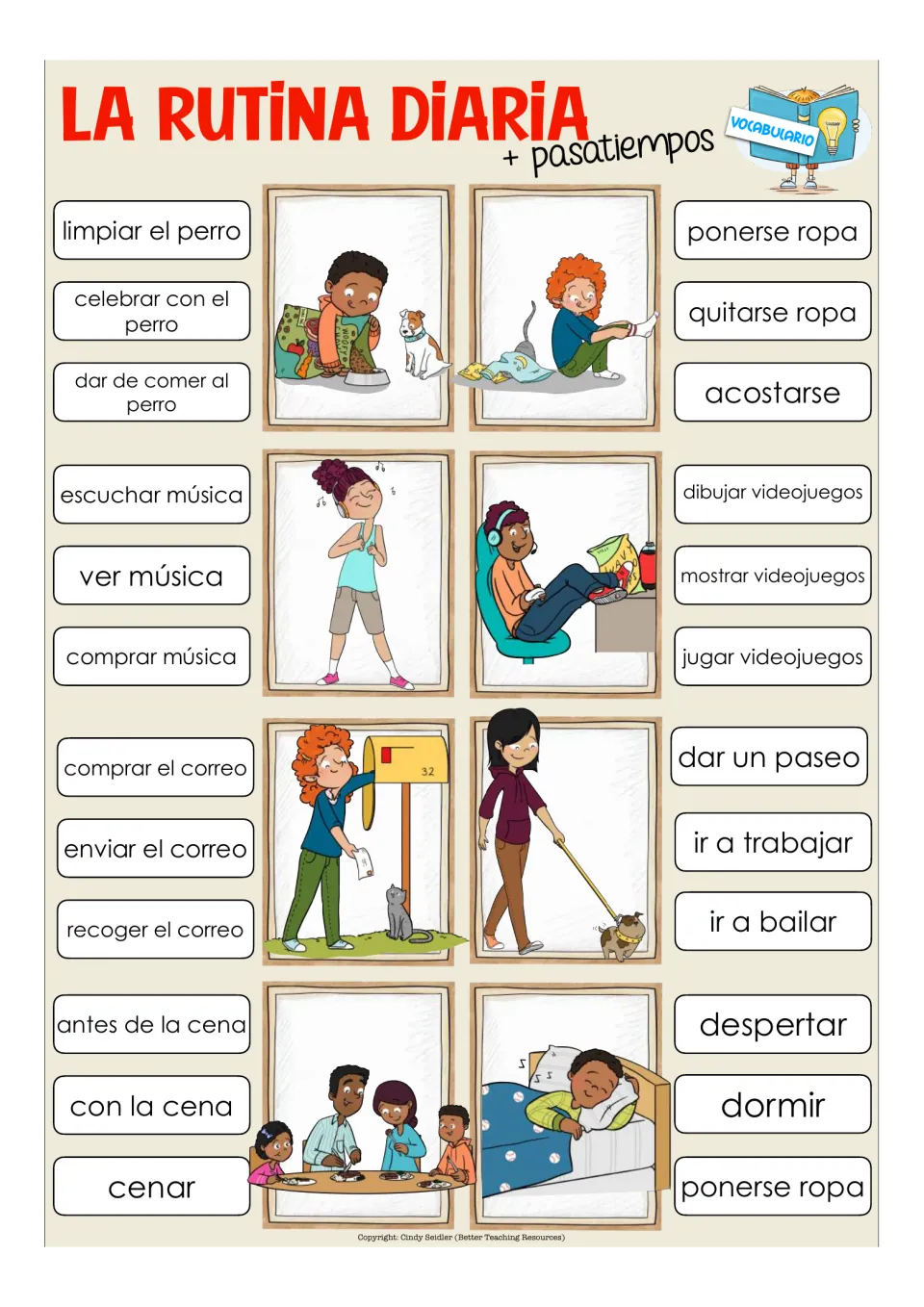 Eight vocabulary clip-card items include cenar (eat dinner), dormir (sleep), and recoger el correo (get mail)