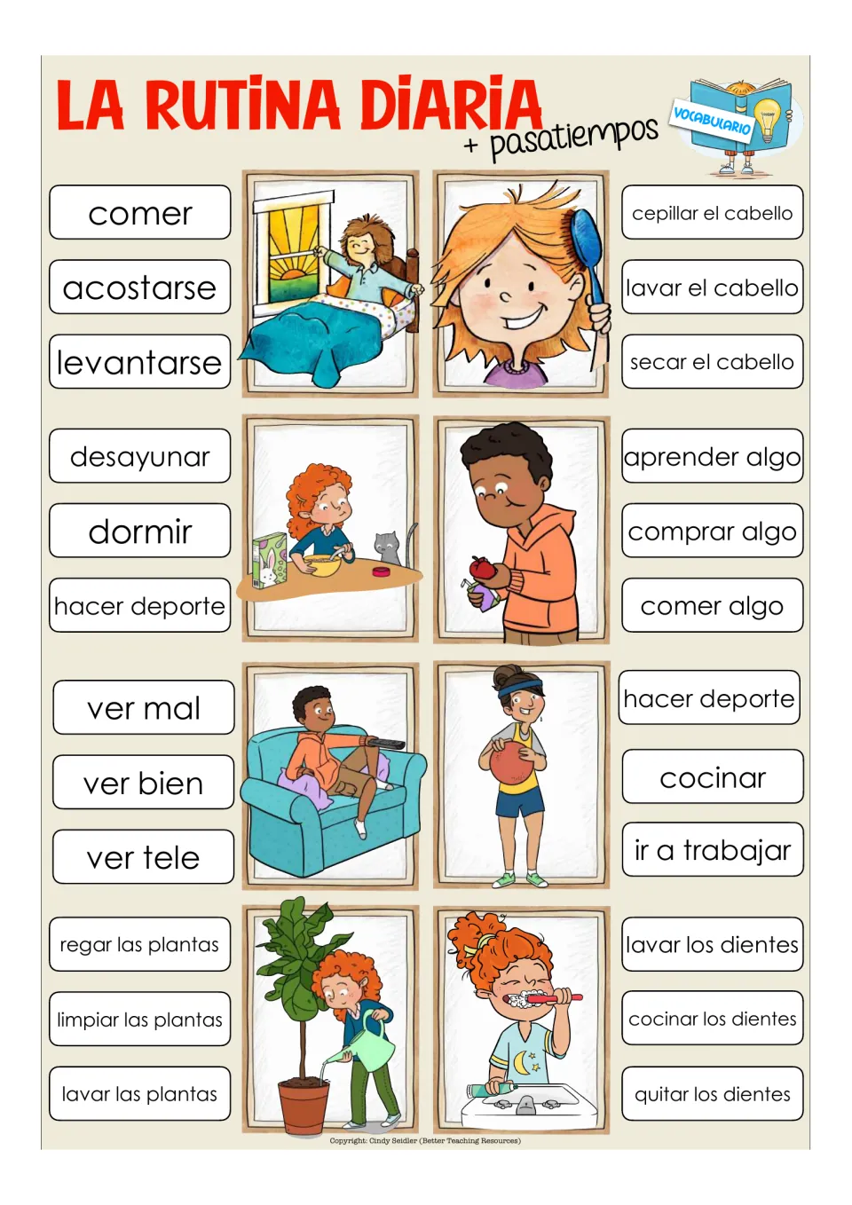 Eight vocabulary clip-card items include levantarse (get up), desayunar (eat breakfast), and ver tele (watch TV)