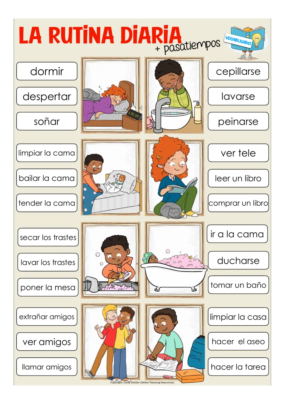 Eight vocabulary clip-card items include lavarse (wash oneself), leer un libro (read a book), and six more