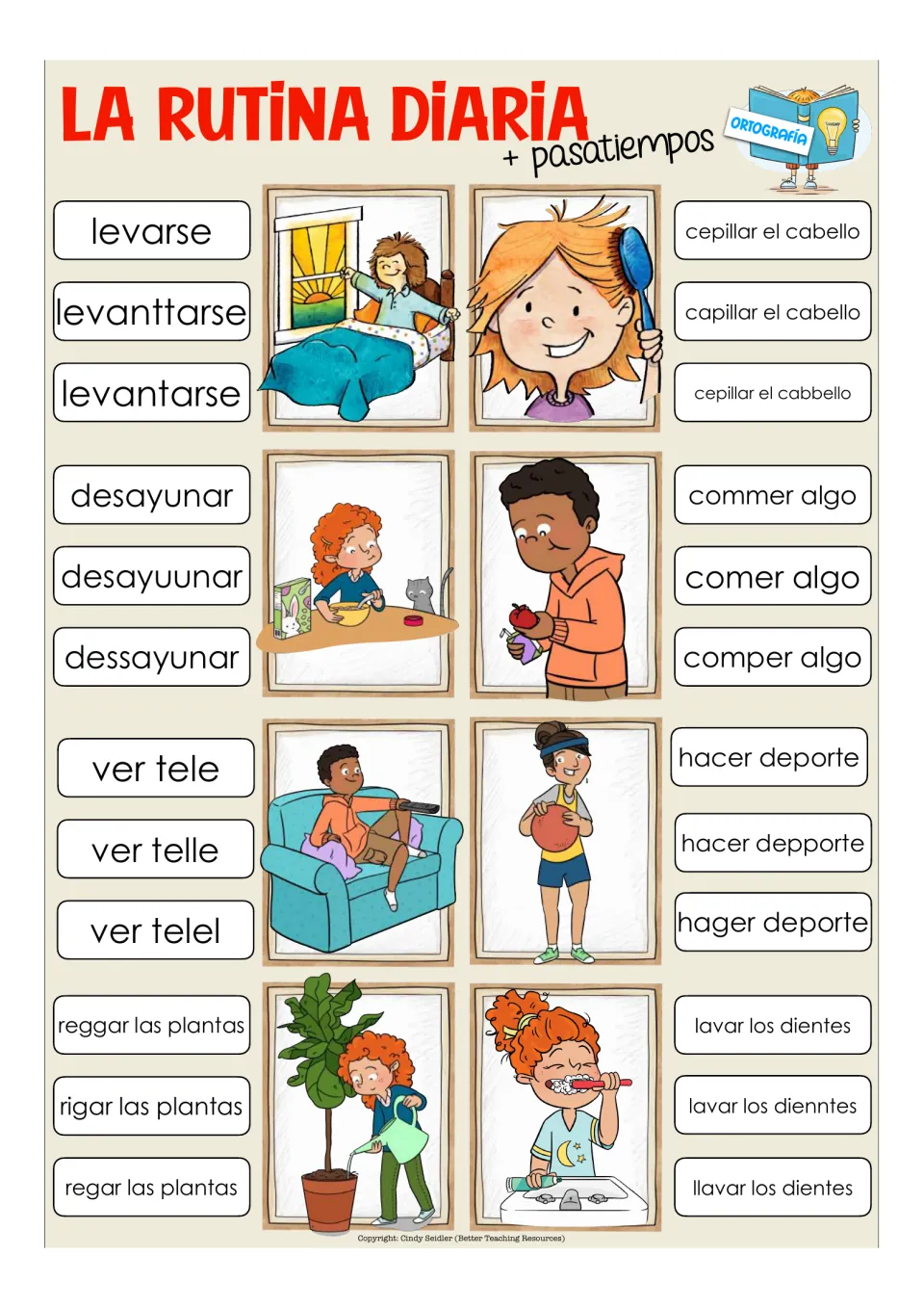 Eight spelling clip-card items include levantarse (get up), desayunar (eat breakfast), and six more
