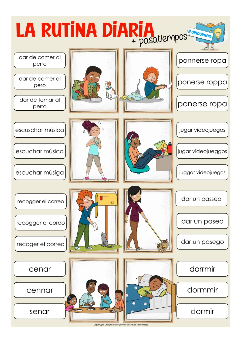 Eight spelling clip-card items include cenar (eat dinner), dormir (sleep), and dar un paseo (take a walk)