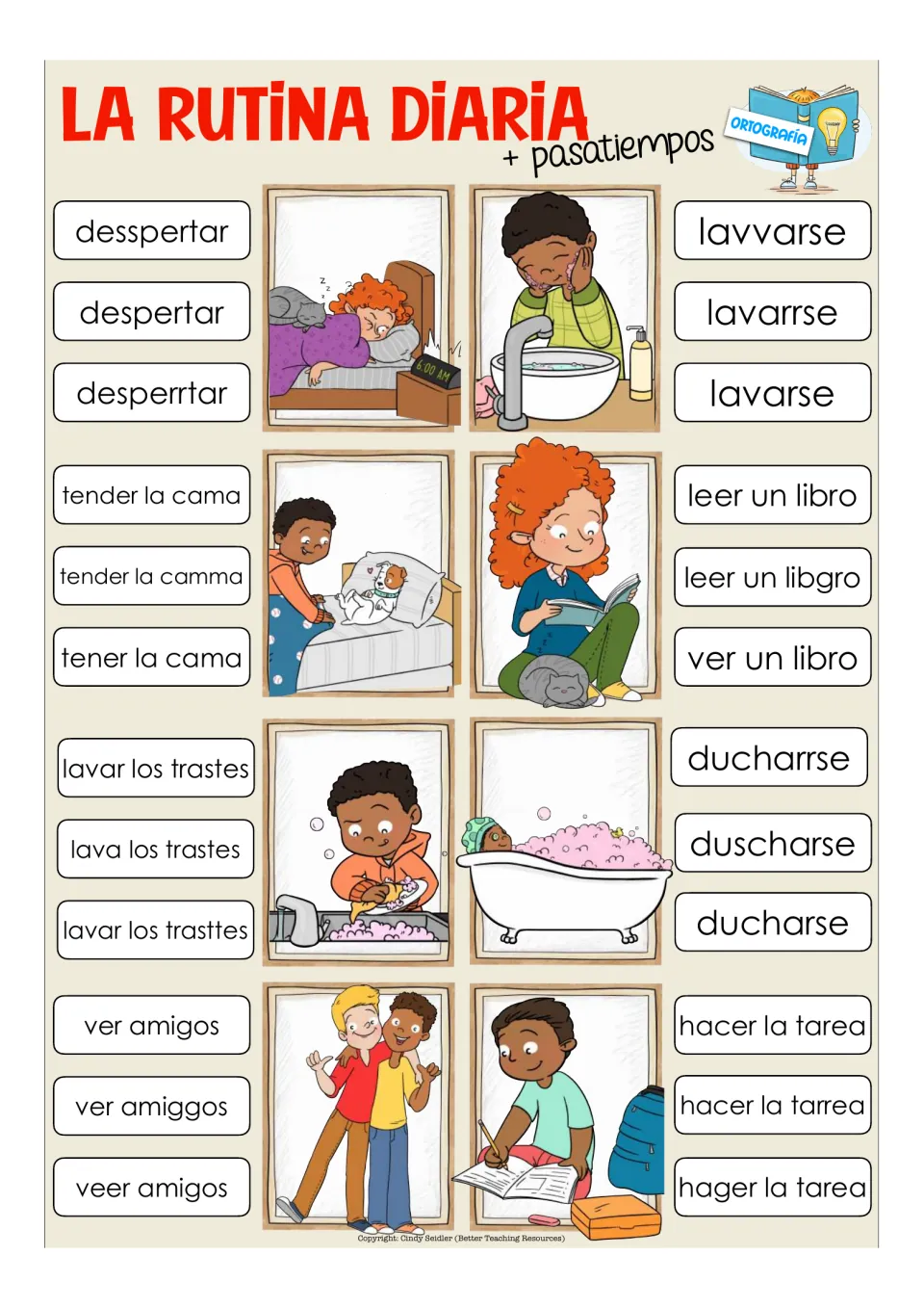 Eight spelling clip-card items include despertar (wake up), lavarse (wash oneself), and six more