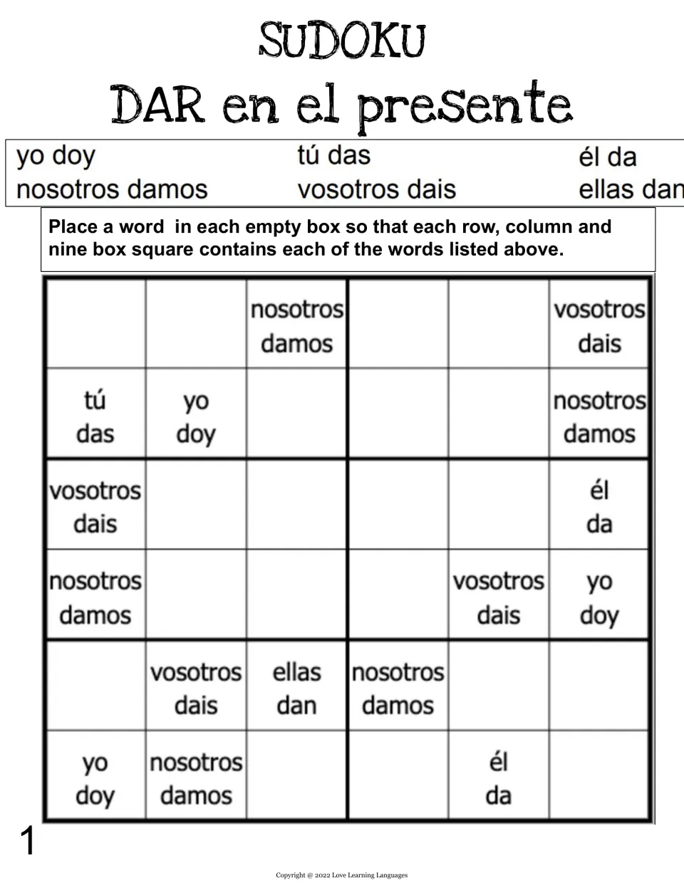 DAR en el presente sudoku 1: students place yo doy, tú das, él da, nosotros damos, vosotros dais, ellas dan in 6x6 puzzle