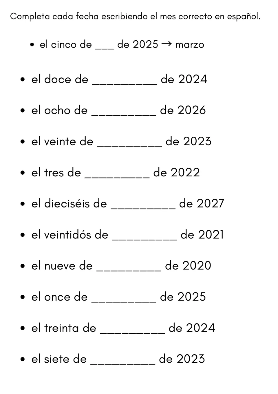 Spanish months practice: students fill in a month name to complete 10 written dates such as el doce de ___ de 2024