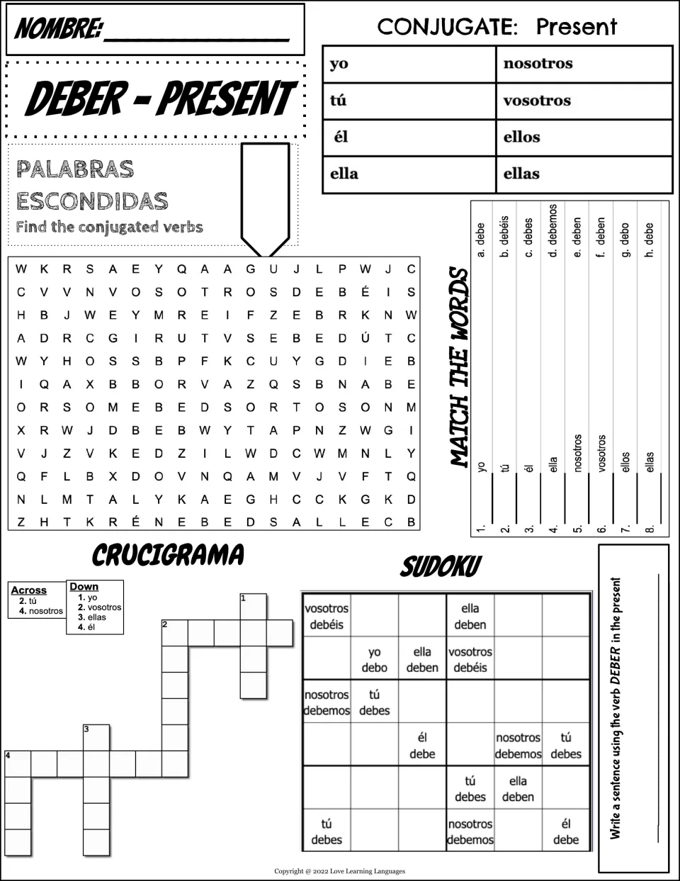 Spanish deber (must) practice: present-tense conjugation, word search, matching, crossword, and sudoku.