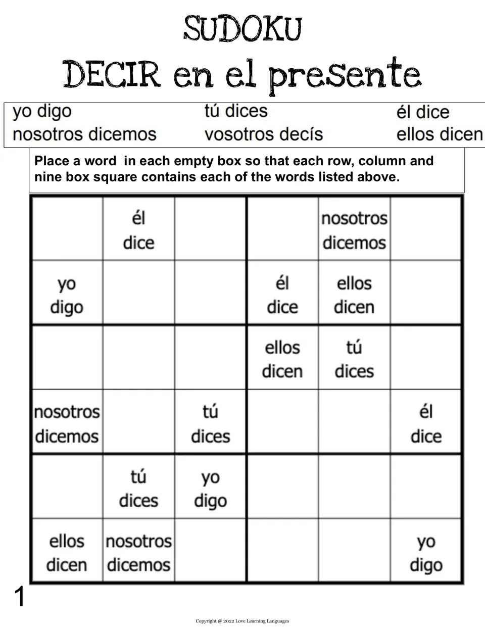 Spanish decir (to say/tell) sudoku puzzle 1: complete six verb forms, including yo digo and tú dices.