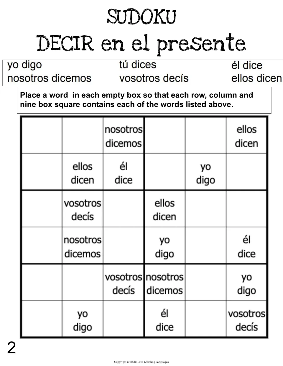Spanish decir (to say/tell) sudoku puzzle 2: complete six verb forms, including él dice and ellos dicen.