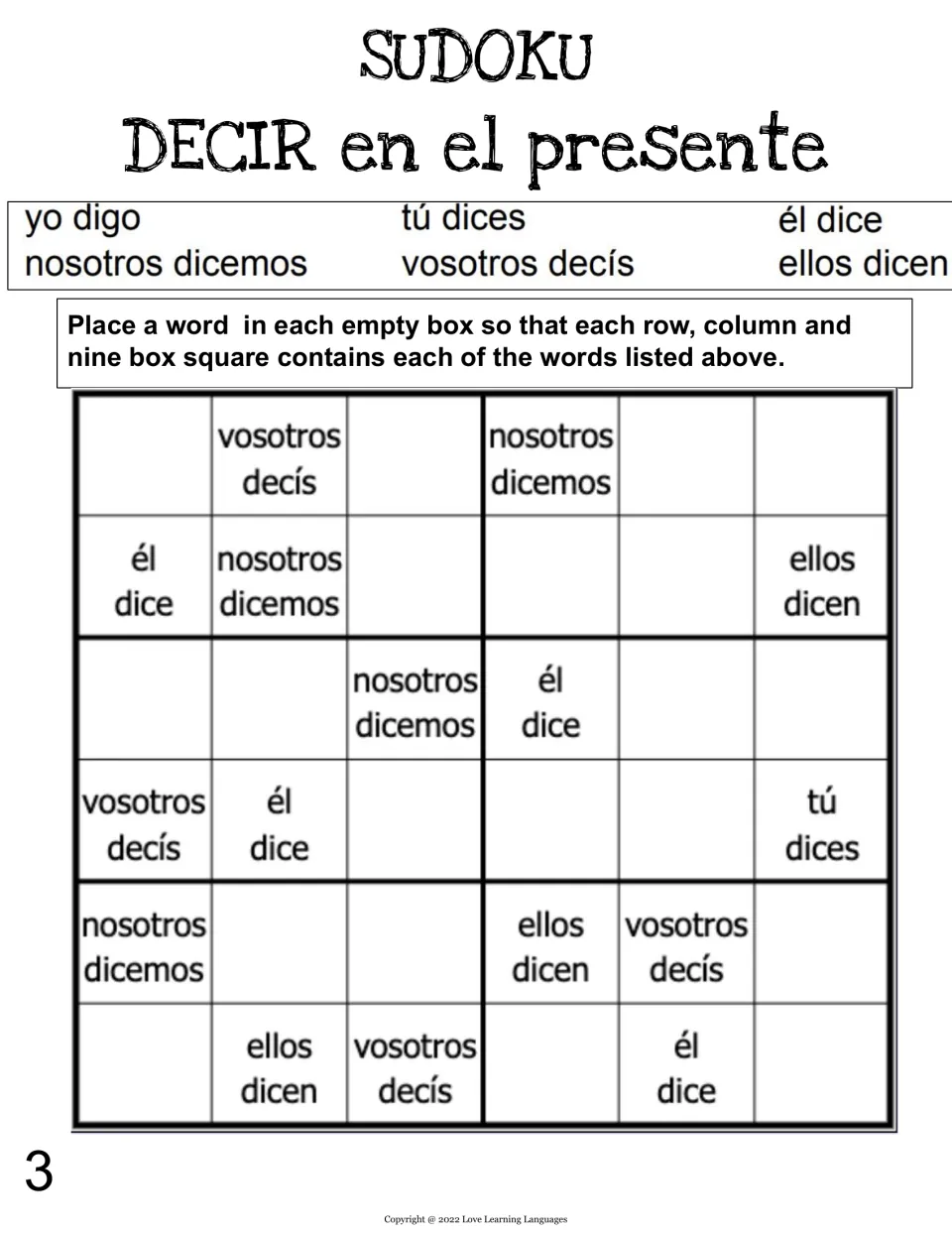 Spanish decir (to say/tell) sudoku puzzle 3: fill in forms including nosotros decimos and vosotros decís.