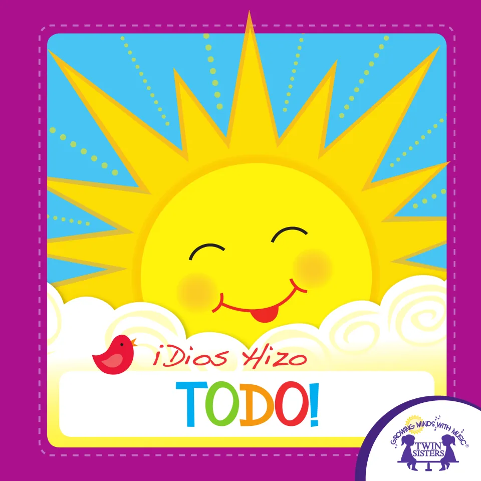 Cover of the Spanish picture eBook ¡Dios Hizo Todo! showing a smiling yellow sun above clouds and a small red bird