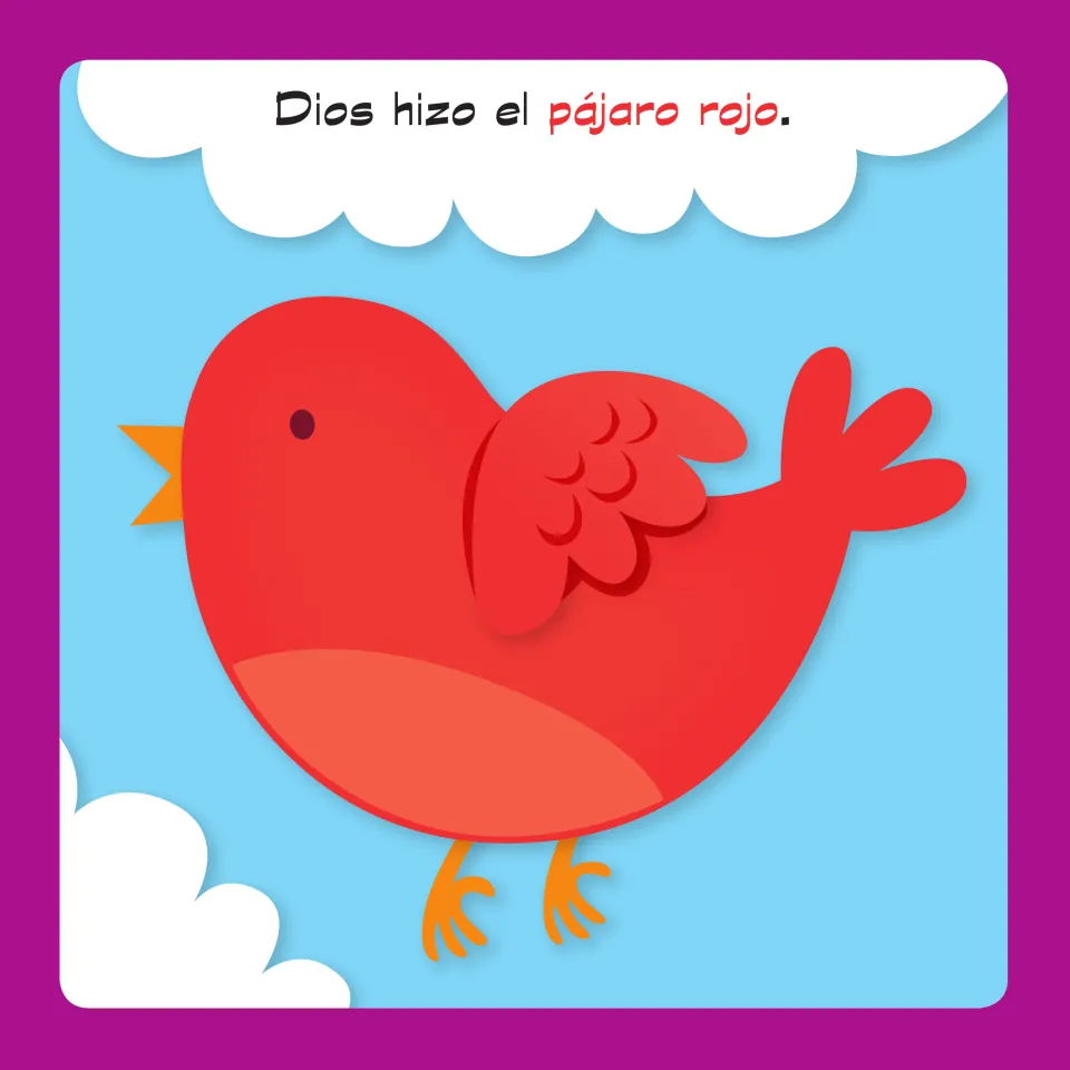 Spanish color word rojo: a cartoon red bird flies in a blue sky below the sentence 'Dios hizo el pájaro rojo.'