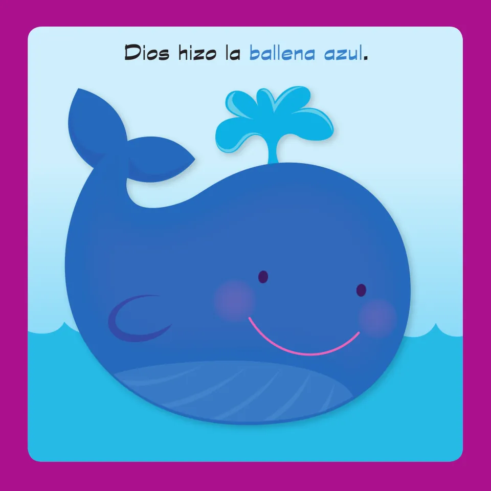 Spanish color word azul: a smiling blue whale spouting water below the sentence 'Dios hizo la ballena azul.'