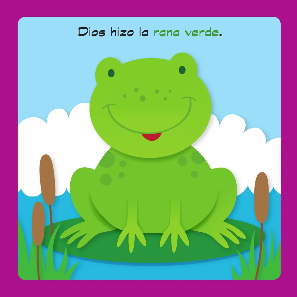 Spanish color word verde: a green frog sits on a lily pad by cattails below the sentence 'Dios hizo la rana verde.'