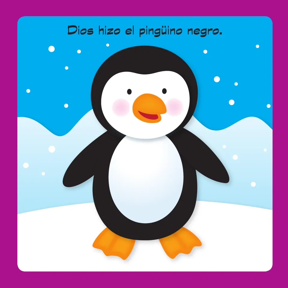 Spanish color word negro: a black and white penguin stands in snow below the sentence 'Dios hizo el pingüino negro.'