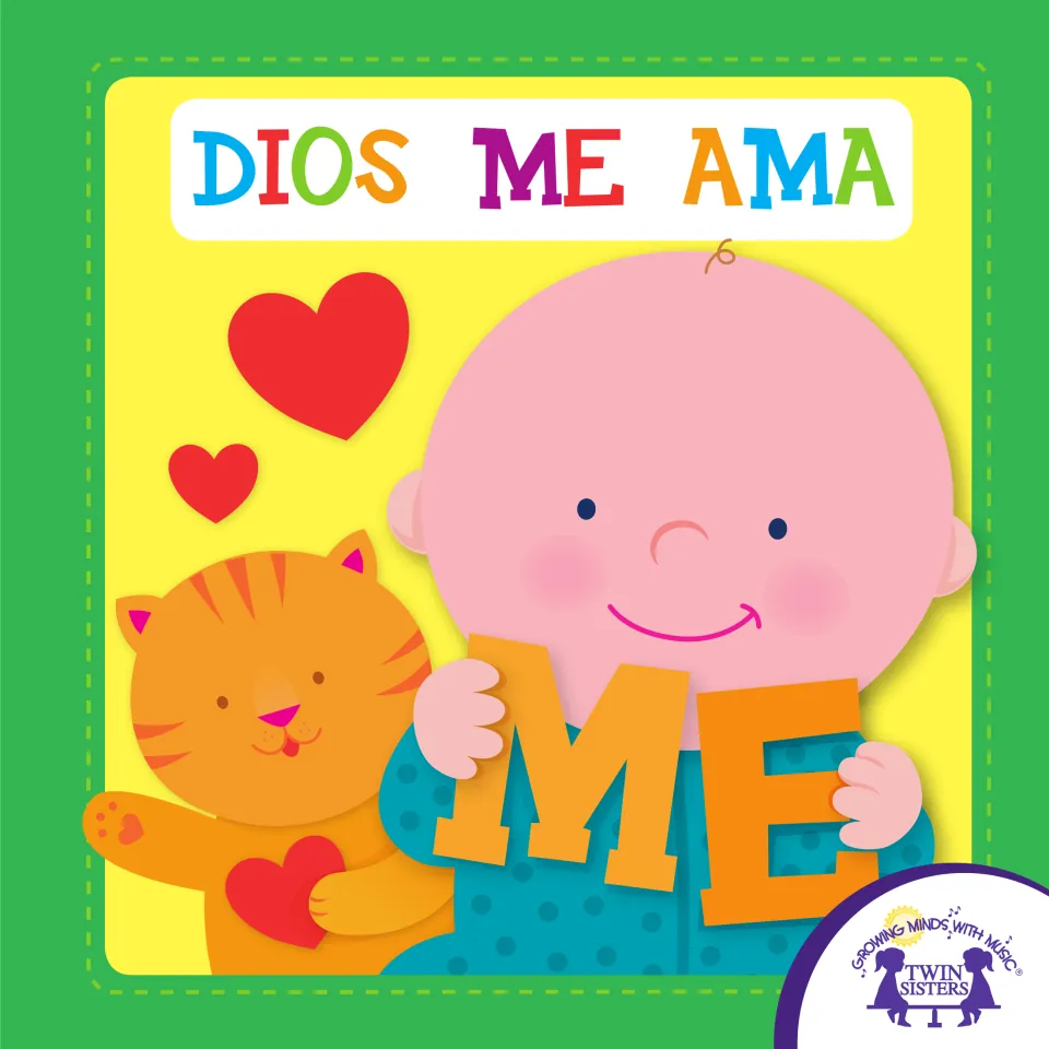 Dios Me Ama (God Loves Me) Spanish eBook cover: a smiling baby holding the letters ME beside an orange cat
