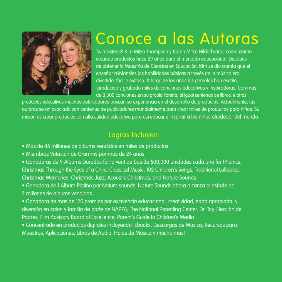 Meet the authors page in Spanish, 'Conoce a las Autoras', with a photo and bio of Twin Sisters Kim and Karen Mitzo