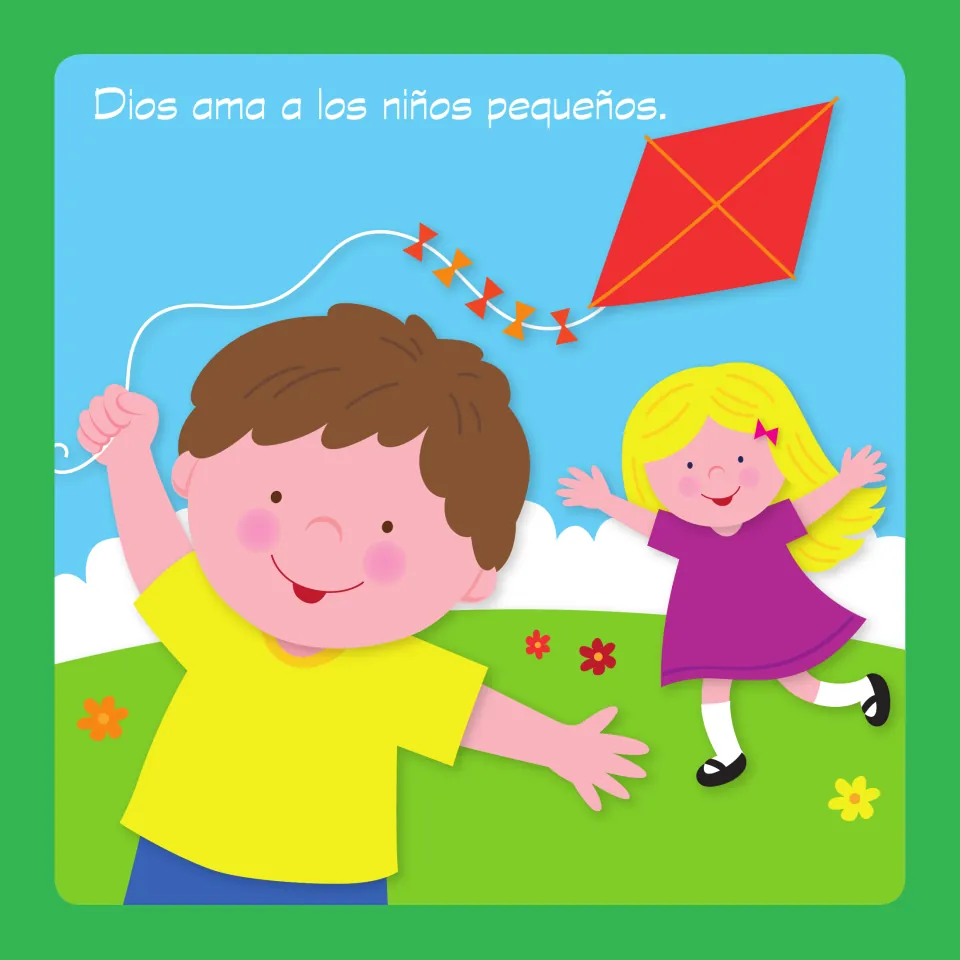 Story page 7: a boy with a kite and a girl, 'Dios ama a los niños pequeños.' (God loves little children.)