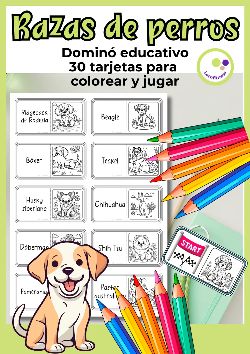 Razas de perros cover: Spanish dog breed domino with 30 cards to color and play, shown beside sample cards and START tile