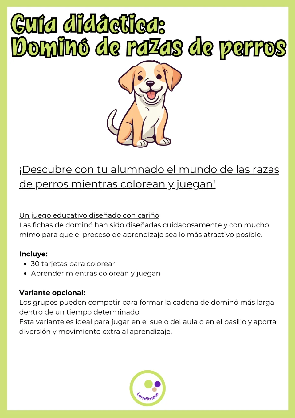Guía didáctica in Spanish: overview of the dog breed domino, listing 30 coloring cards and a timed group chain variant