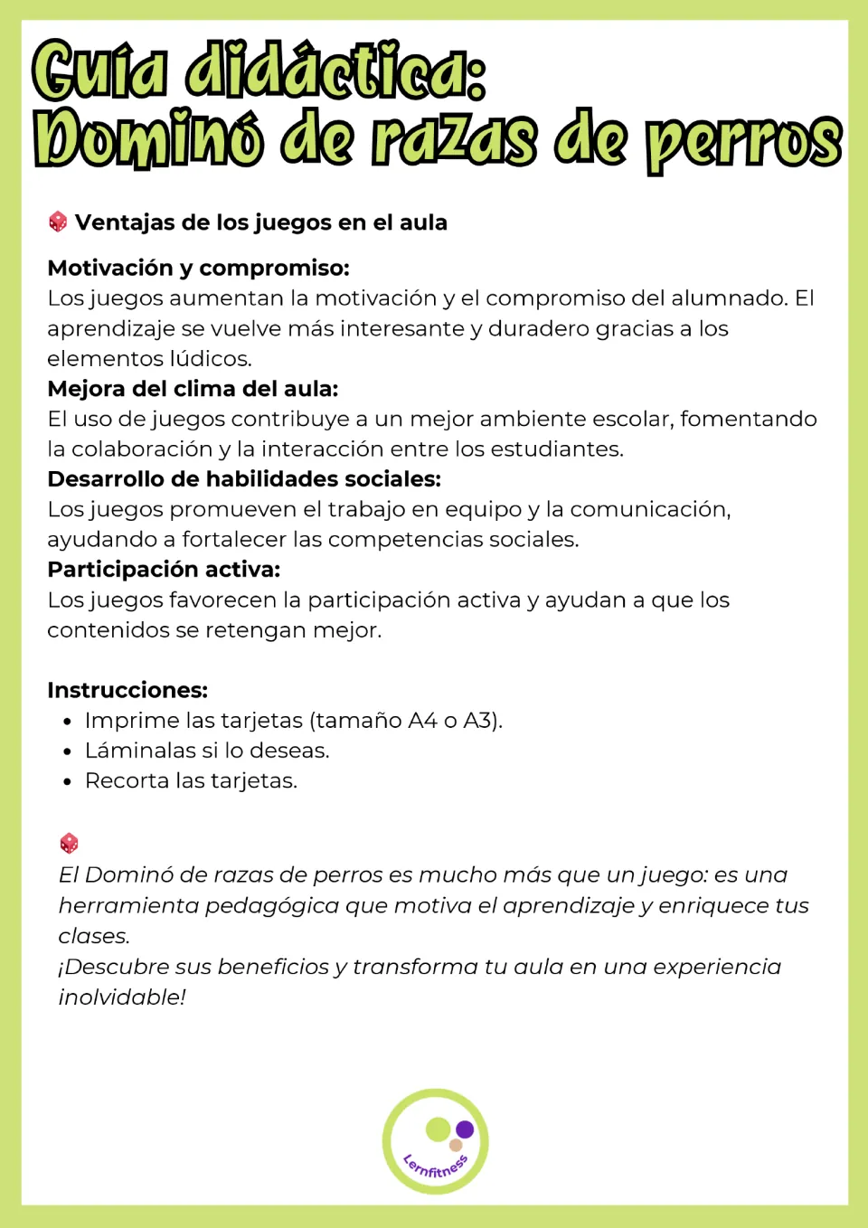 Guía didáctica in Spanish on why to use classroom games, plus prep steps: print cards in A4 or A3, laminate and cut out