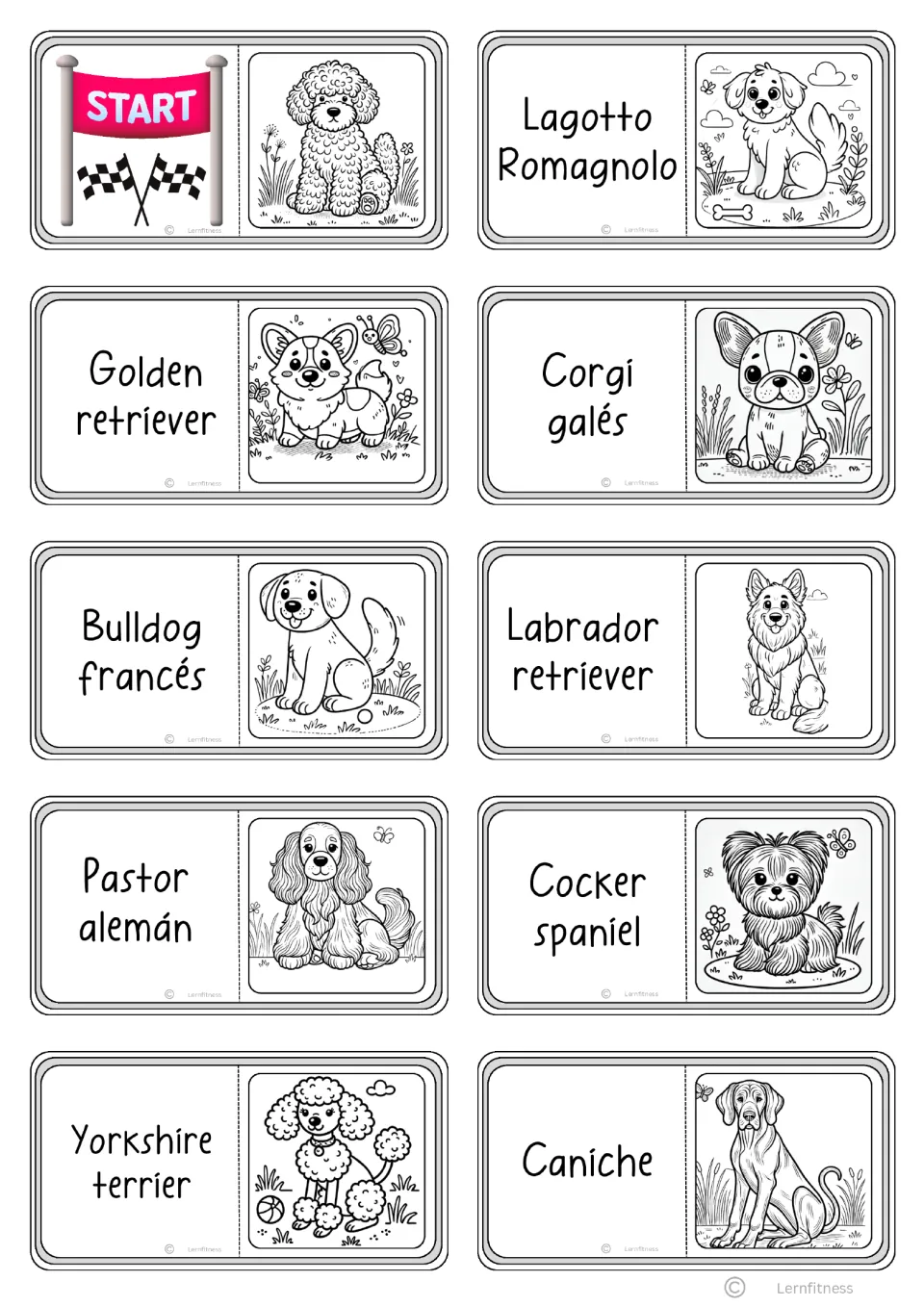 Dog breed domino cards: START tile and cards such as Lagotto Romagnolo, Corgi galés and Caniche, each with a dog to color