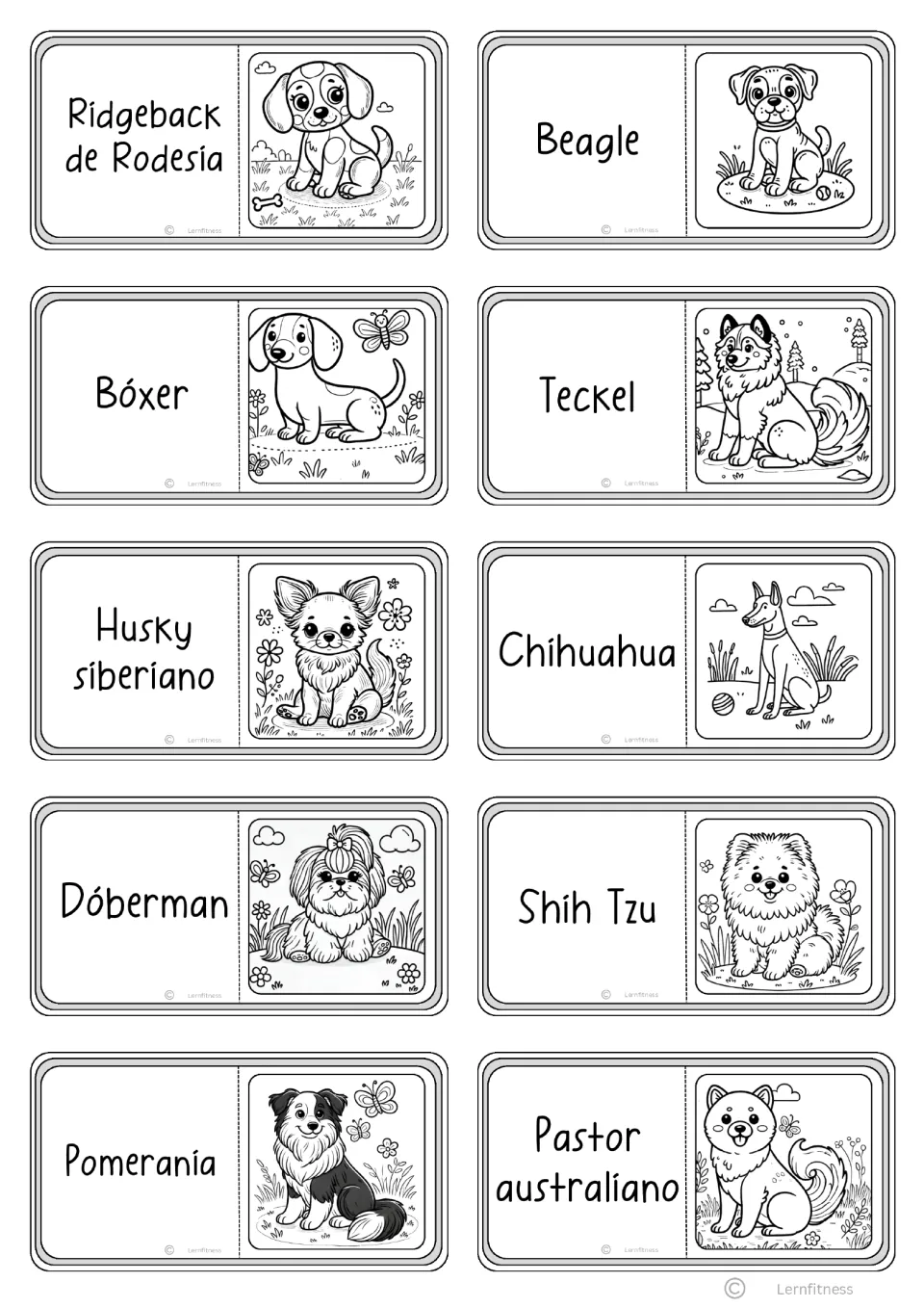 Ten domino cards pairing Spanish breed names like Beagle, Bóxer, Teckel and Shih Tzu with a coloring picture of another dog