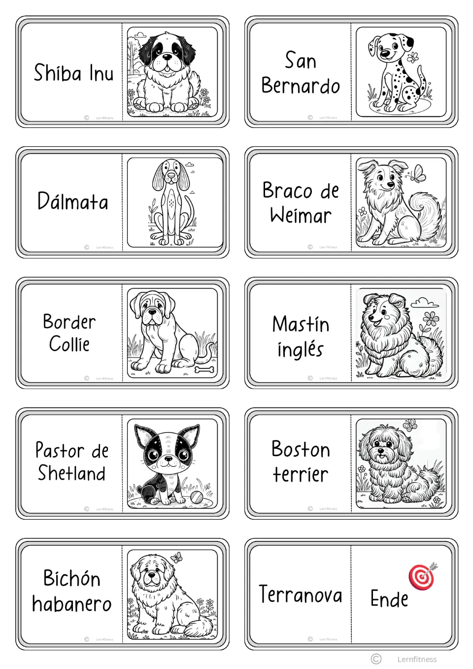 Final domino cards with breeds such as Shiba Inu, San Bernardo, Dálmata and Border Collie, ending with Terranova and Ende