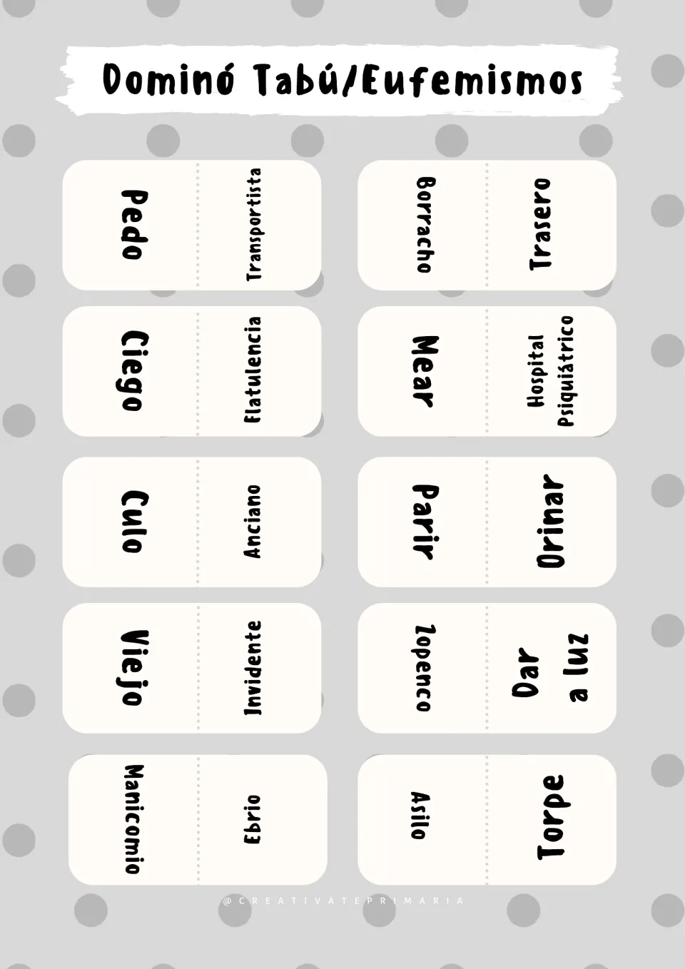 Spanish taboo/euphemism domino cards 1–10 include pedo (fart), ciego (blind), culo (butt), and viejo (old).